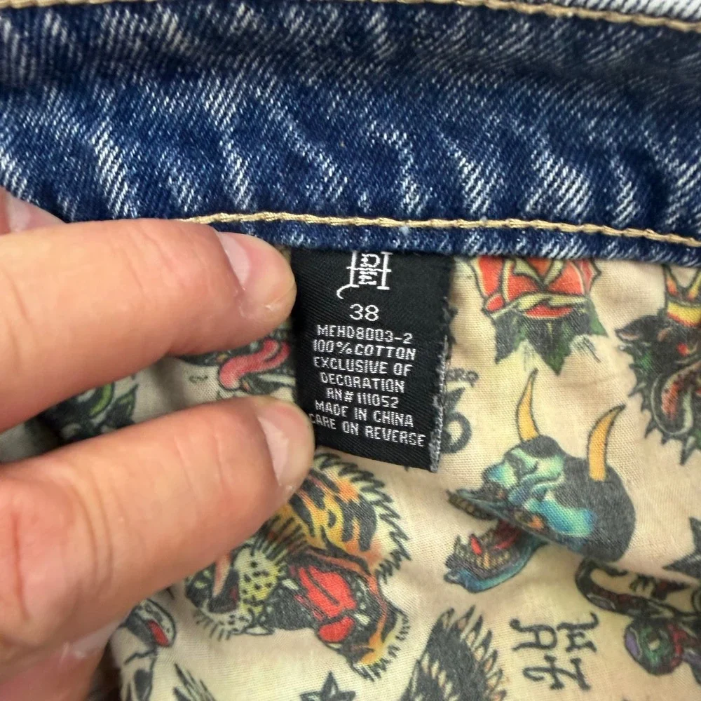 Ed Hardy Jean Shorts Mens 38 Blue Embroidered Dragon Logo Raw Hem MEHD8003-2